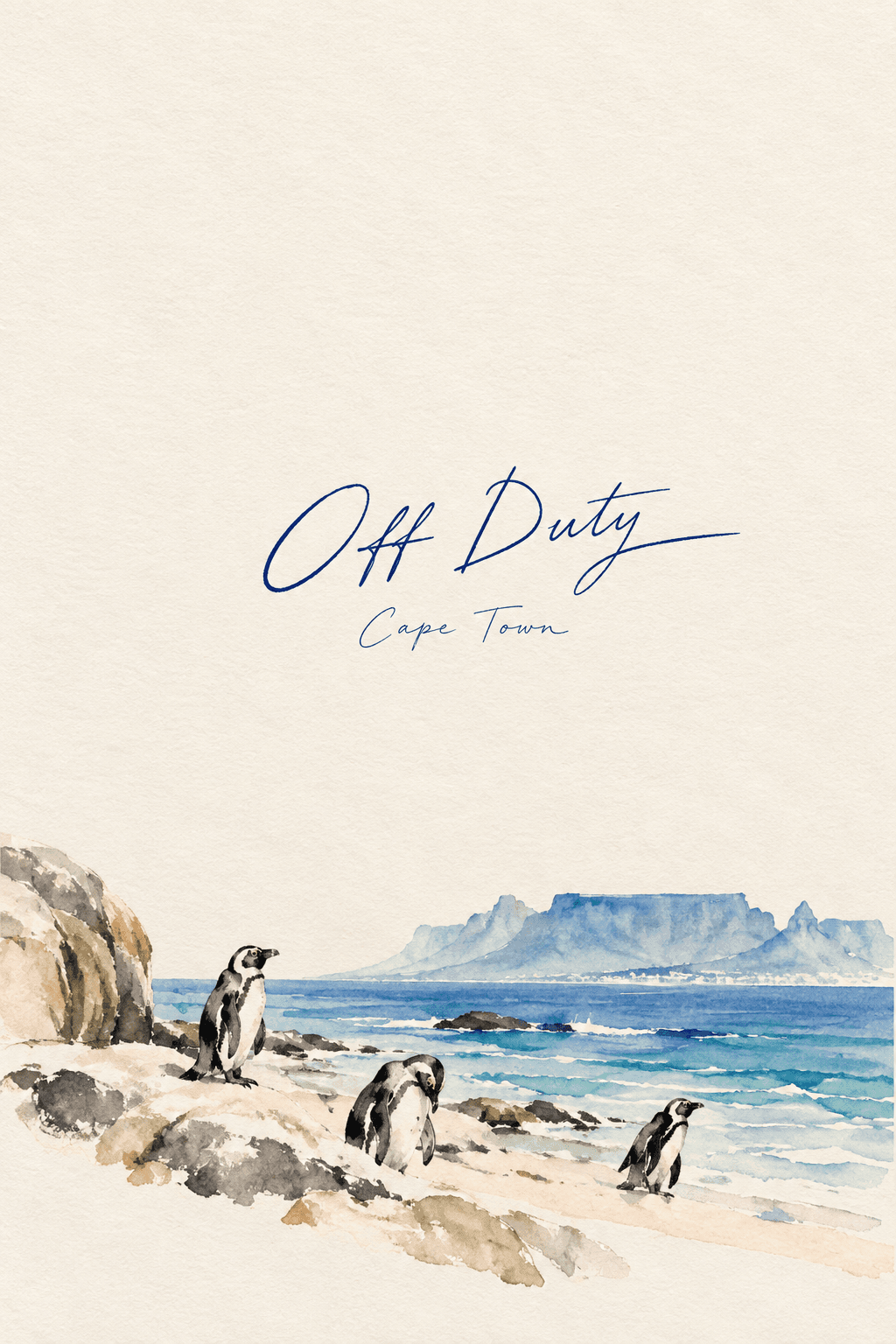 Off Duty, Cape Town — a watercolour of penguins on the sand at Boulders with Table Mountain across the bay